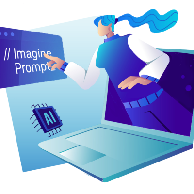 A stylized image of a person interacting with a laptop, displaying AI-related text and a microchip, suggesting innovation and creativity.